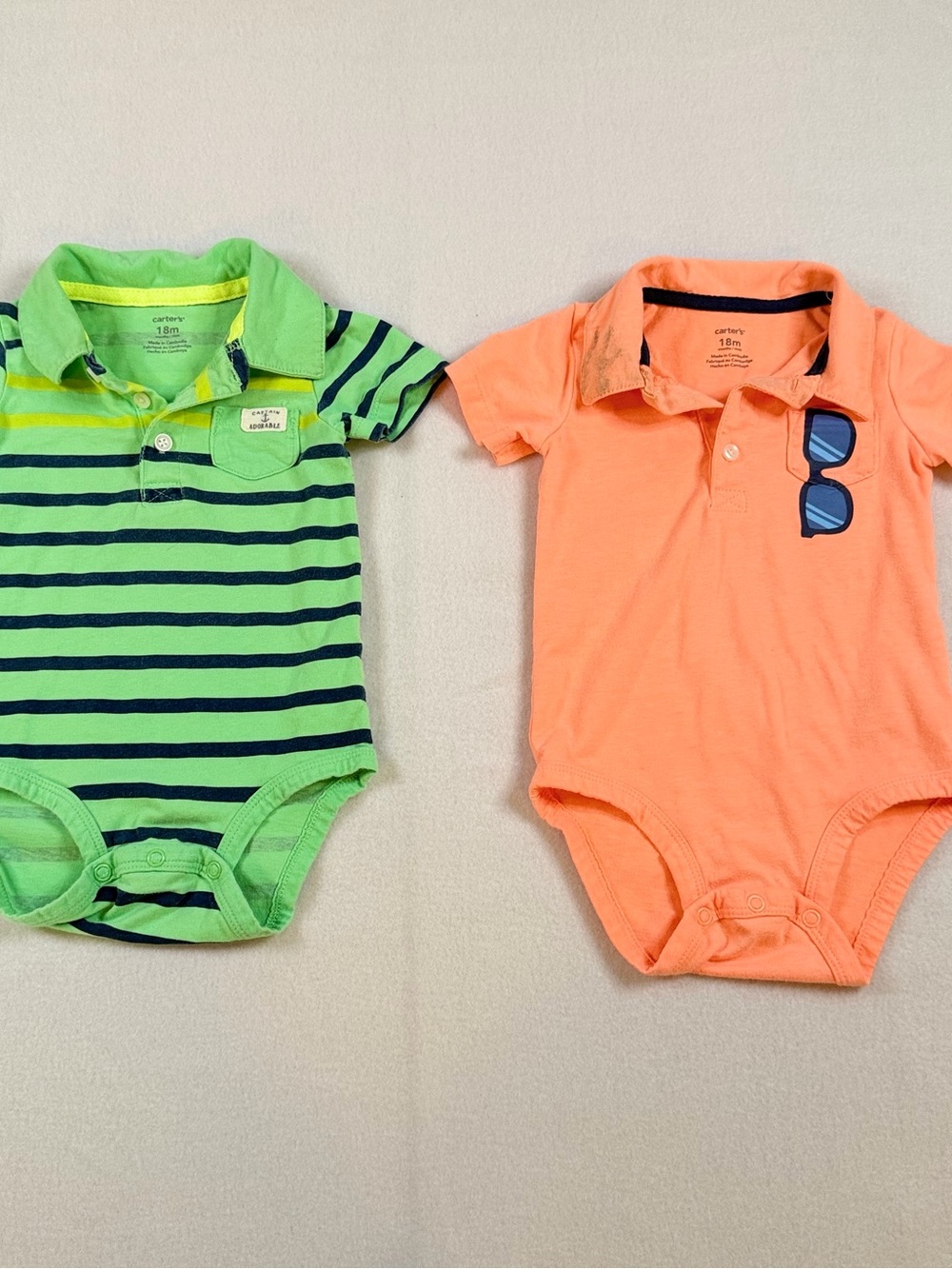 Carters Baby Boy Polo Bodysuits 18M Green Striped Orange Sunglasses Set of 2